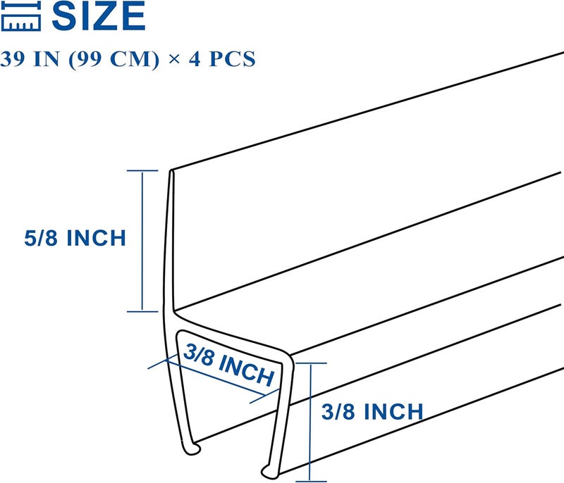 EAISMON Frameless Shower Door Seal Strip 4 Pack x 39 Inch H for 3/8" Thick Glass Shower Door Side Seal Strip Bottom Seal Door Sweep Ultra Clear Polycarbonate, Stop Shower Leaks Create A Water Barrier - Image 4